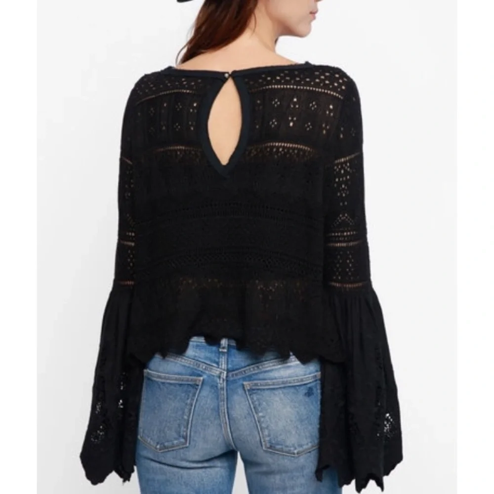Free People Once Upon a Time Black Lace Bell Sleeve Top